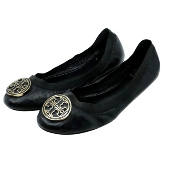 TORY BURCH~Caroline~BLACK LEATHER BALLET FLATS GOLD REVA LOGO SHOES  SZ 10 - Picture 1 of 7